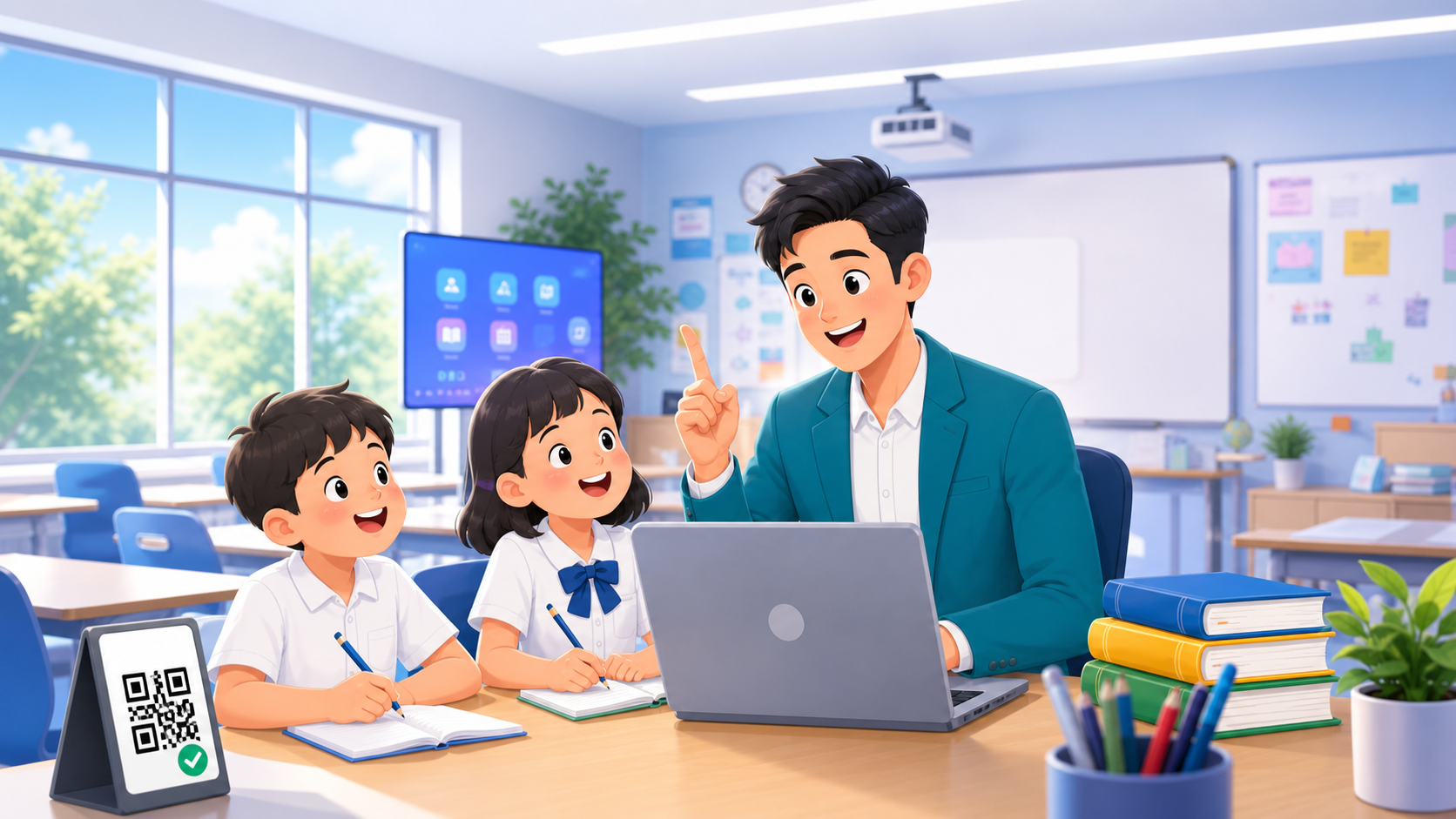 ครูผู้ชายกำลังสอนนักเรียนในห้องเรียน